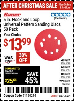 Harbor Freight Coupon 5 IN. HOOK AND LOOP UNIVERSAL PATTERN SANDING DISCS 50 PACK Lot No. 57483/57494/57423/57462 Expired: 1/8/23 - $13.99