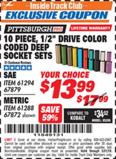 Harbor Freight ITC Coupon 10 PIECE 1/2" DRIVE COLOR CODED DEEP WALL SOCKET SET Lot No. 67879/61294/67872/61288 Expired: 3/31/19 - $13.99