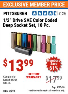 Harbor Freight ITC Coupon 10 PIECE 1/2" DRIVE COLOR CODED DEEP WALL SOCKET SET Lot No. 67879/61294/67872/61288 Expired: 9/30/20 - $13.99