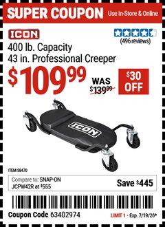 Harbor Freight Coupon ICON 400 LB. CAPACITY, 43 IN. PROFESSIONAL CREEPER Lot No. 58470 Valid Thru: 7/19/26 - $109.99