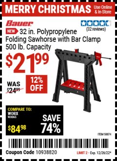 Harbor Freight Coupon BAUER 32 IN. POLYPROPYLENE FOLDING SAWHORSE WITH BAR CLAMP, 500 LB. CAPACITY Lot No. 58874 Expired: 12/26/22 - $21.99