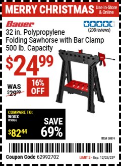 Harbor Freight Coupon BAUER 32 IN. POLYPROPYLENE FOLDING SAWHORSE WITH BAR CLAMP, 500 LB. CAPACITY Lot No. 58874 Expired: 12/24/23 - $24.99