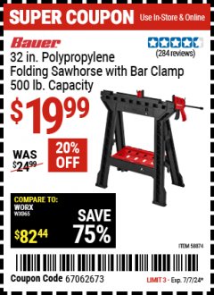 Harbor Freight Coupon BAUER 32 IN. POLYPROPYLENE FOLDING SAWHORSE WITH BAR CLAMP, 500 LB. CAPACITY Lot No. 58874 Expired: 7/7/24 - $19.99