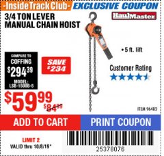 Harbor Freight ITC Coupon 3/4 TON LEVER CHAIN HOIST Lot No. 64557 Expired: 10/8/19 - $59.99