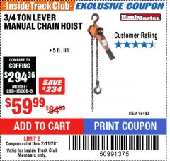 Harbor Freight ITC Coupon 3/4 TON LEVER CHAIN HOIST Lot No. 64557 Expired: 2/11/20 - $59.99