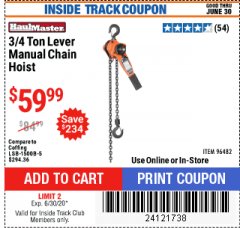 Harbor Freight ITC Coupon 3/4 TON LEVER CHAIN HOIST Lot No. 64557 Expired: 6/30/20 - $59.99