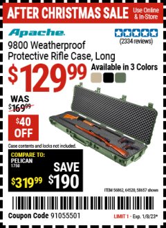 Harbor Freight Coupon APACHE 9800 WEATHERPROOF PROTECTIVE RIFLE CASE, LONG Lot No. 56862, 64520, 58657 Expired: 1/8/23 - $129.99