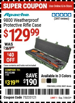 Harbor Freight Coupon APACHE 9800 WEATHERPROOF PROTECTIVE RIFLE CASE, LONG Lot No. 56862, 64520, 58657 Expired: 7/30/23 - $129.99