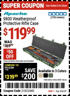 Harbor Freight Coupon APACHE 9800 WEATHERPROOF PROTECTIVE RIFLE CASE, LONG Lot No. 56862, 64520, 58657 Expired: 8/6/23 - $119.99