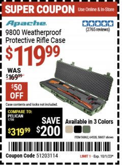 Harbor Freight Coupon APACHE 9800 WEATHERPROOF PROTECTIVE RIFLE CASE, LONG Lot No. 56862, 64520, 58657 Expired: 10/1/23 - $119.99