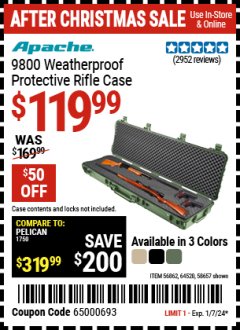 Harbor Freight Coupon APACHE 9800 WEATHERPROOF PROTECTIVE RIFLE CASE, LONG Lot No. 56862, 64520, 58657 Expired: 1/7/24 - $119.99