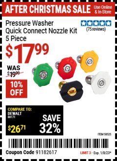 Harbor Freight Coupon PRESSURE WASHER QUICK CONNECT NOZZLE KIT, 5 PIECE Lot No. 58525 Expired: 1/8/23 - $17.99