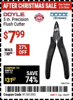 Harbor Freight Coupon DOYLE 5 IN. PRECISION FLUSH CUTTER Lot No. 57794 Expired: 1/8/23 - $7.99