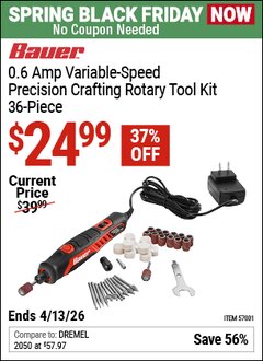 Harbor Freight Coupon BAUER 0.6 AMP VARIABLE-SPEED PRECISION CRAFTING ROTARY TOOL KIT, 36-PIECE Lot No. 57001 Expired: 4/12/26 - $24.99