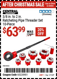 Harbor Freight Coupon 3/8" -  2" RATCHETING PIPE THREADER SET Lot No. 62353 Expired: 1/7/24 - $63.99