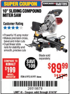 Harbor Freight Coupon CHICAGO ELECTRIC 10" SLIDING COMPOUND MITER SAW Lot No. 56708/61972/61971 Expired: 5/14/18 - $89.99