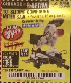 Harbor Freight Coupon CHICAGO ELECTRIC 10" SLIDING COMPOUND MITER SAW Lot No. 56708/61972/61971 Expired: 10/1/18 - $84.99