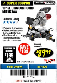 Harbor Freight Coupon CHICAGO ELECTRIC 10" SLIDING COMPOUND MITER SAW Lot No. 56708/61972/61971 Expired: 8/31/18 - $89.99