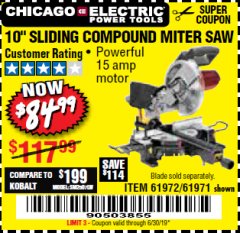 Harbor Freight Coupon CHICAGO ELECTRIC 10" SLIDING COMPOUND MITER SAW Lot No. 56708/61972/61971 Expired: 6/30/19 - $84.99