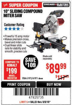 Harbor Freight Coupon CHICAGO ELECTRIC 10" SLIDING COMPOUND MITER SAW Lot No. 56708/61972/61971 Expired: 9/9/18 - $89.99