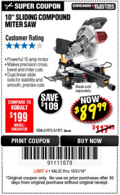 Harbor Freight Coupon CHICAGO ELECTRIC 10" SLIDING COMPOUND MITER SAW Lot No. 56708/61972/61971 Expired: 10/21/18 - $89.99