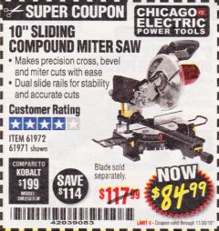 Harbor Freight Coupon CHICAGO ELECTRIC 10" SLIDING COMPOUND MITER SAW Lot No. 56708/61972/61971 Expired: 11/30/18 - $84.99
