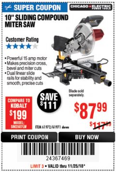 Harbor Freight Coupon CHICAGO ELECTRIC 10" SLIDING COMPOUND MITER SAW Lot No. 56708/61972/61971 Expired: 11/25/18 - $87.99