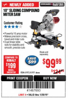 Harbor Freight Coupon CHICAGO ELECTRIC 10" SLIDING COMPOUND MITER SAW Lot No. 56708/61972/61971 Expired: 1/20/19 - $99.99