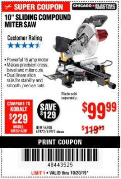 Harbor Freight Coupon CHICAGO ELECTRIC 10" SLIDING COMPOUND MITER SAW Lot No. 56708/61972/61971 Expired: 10/20/19 - $99.99