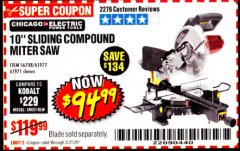 Harbor Freight Coupon CHICAGO ELECTRIC 10" SLIDING COMPOUND MITER SAW Lot No. 56708/61972/61971 Expired: 3/31/20 - $94.99