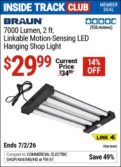 Harbor Freight Coupon BRAUN 7000 LUMEN, 2 FT. LINKABLE MOTION-SENSING LED HANGING SHOP LIGHT Lot No. 58465 Valid: 12/31/69 - 7/2/26 - $29.99