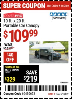 Harbor Freight Coupon COVERPRO 10 FT. X 20 FT. PORTABLE CAR CANOPY Lot No. 63054 Expired: 6/18/23 - $109.99