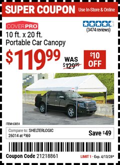 Harbor Freight Coupon COVERPRO 10 FT. X 20 FT. PORTABLE CAR CANOPY Lot No. 63054 Valid Thru: 4/13/26 - $119.99