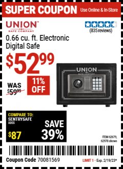 Harbor Freight Coupon UNION SAFE COMPANY 0.66 CU. FT. ELECTRONIC DIGITAL SAFE Lot No. 62978, 45891, 61724, 62679 Expired: 2/19/23 - $52.99