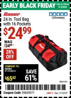 Harbor Freight ITC Coupon BAUER 24 IN. TOOL BAG WITH 16 POCKETS Lot No. 57351 Expired: 11/12/23 - $24.99