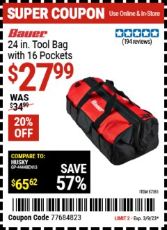 Harbor Freight Coupon BAUER 24 IN. TOOL BAG WITH 16 POCKETS Lot No. 57351 Expired: 3/9/23 - $27.99