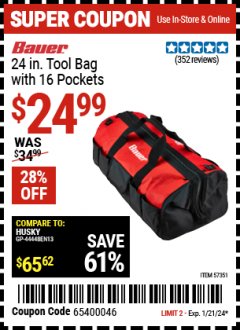 Harbor Freight Coupon BAUER 24 IN. TOOL BAG WITH 16 POCKETS Lot No. 57351 Expired: 1/18/24 - $24.99