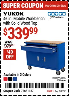 Harbor Freight Coupon YUKON 46 IN. MOBILE WORKBENCH WITH SOLID WOOD TOP, RED Lot No. 57779/64012/57780 Expired: 2/25/23 - $339.99