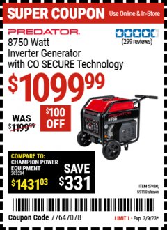 Harbor Freight Coupon PREDATOR 8750 WATT INVERTER GENERATOR WITH CO SECURE TECHNOLOGY Lot No. 57480,59190 Expired: 3/9/23 - $1099.99