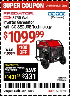 Harbor Freight Coupon PREDATOR 8750 WATT INVERTER GENERATOR WITH CO SECURE TECHNOLOGY Lot No. 57480,59190 Expired: 6/1/23 - $1099.99