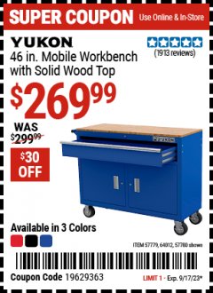 Harbor Freight Coupon YUKON 46 IN. MOBILE WORKBENCH WITH SOLID WOOD TOP Lot No. 57779, 64012, 57780 Expired: 9/17/23 - $269.99