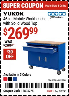 Harbor Freight Coupon YUKON 46 IN. MOBILE WORKBENCH WITH SOLID WOOD TOP Lot No. 57779, 64012, 57780 Expired: 3/7/24 - $269.99