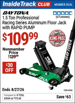 Harbor Freight Coupon DAYTONA 1.5 TON PROFESSIONAL RACING SERIES ALUMINUM FLOOR JACK WITH RAPID PUMP Lot No. 58206 Valid: 12/31/69 - 8/27/26 - $109.99