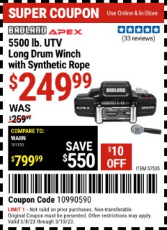Harbor Freight Coupon BADLAND APEX UTV LONG DRUM WINCH WITH SYNTHETIC ROBE ITEM 57535 Lot No. 57535 Expired: 3/19/23 - $249.99