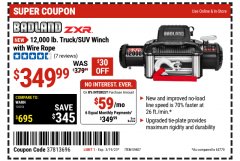 Harbor Freight Coupon BADLAND ZXR 12,000 LB. TRUCK/SUV WINCH WITH WIRE ROPE Lot No. 59407 Expired: 3/19/23 - $349.99