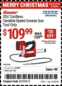 Harbor Freight Coupon BAUER 20V CORDLESS VARIABLE SPEED GREASE GUN Lot No. 58608 Expired: 12/28/25 - $109.99