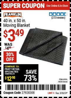 Harbor Freight Coupon FRANKLIN 40 IN X 50 IN MOVING BLANKET Lot No. 63959 EXPIRES: 3/26/23 - $3.49