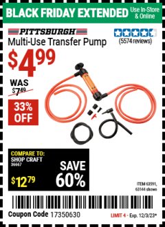Harbor Freight Coupon PITTSBURGH MULTI-USE TRANSFER PUMP Lot No. 61364,63591,63144 Expired: 12/3/23 - $4.99