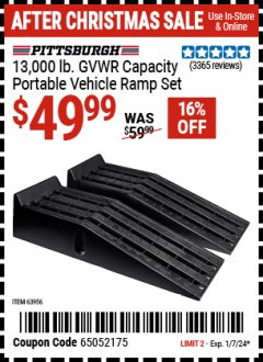 Harbor Freight Coupon PITTSBURGH 13,000 LB. GVWR CAPACITY PORTABLE VEHICLE RAMP SET  Lot No. 63956 Expired: 1/7/24 - $49.99