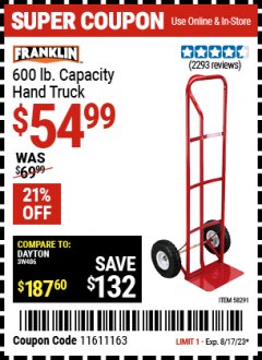 Harbor Freight Coupon FRANKLIN 600 LB. CAPACITY HAND TRUCK Lot No. 62775,96061,62776,58291 Expired: 8/17/23 - $54.99